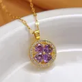 Elegant gold-plated necklace featuring a purple four-leaf clover heart gemstone pendant - Purple Clover Rotating Style (458) / Gold Hollow Clover (458+Rotating Lips Chain)