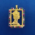 Exquisite gold-plated rectangular pendant featuring female portrait and vibrant colorful rhinestones - Goddess Relief Style (719) / Pendant Only (Without Chain) / Gold