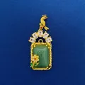 Vintage gold-plated pendant featuring a green gemstone with bird and flower accents - Vintage Faux Jade Pendant (722) / Pendant Only (Without Chain) / Gold