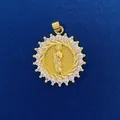 Round gold saint pendant with sparkling white zirconia stones in sunburst design - Saint Relief Style (724) / Pendant Only (Without Chain)