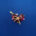Elegant red heart crystal pendant with gold bow and pearl accents for DIY jewelry. - Ruby Bow Heart Style (728) / Pendant Only (Without Chain)