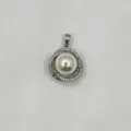 Elegant silver pendant with central white pearl and sparkling halo setting - Round Artificial Pearl Pendant (747) / Pendant Only (Without Chain) / Silver