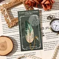 Exquisite vintage metal feather bookmark with golden chain on dark green backing card - Newborn Cyan Feather