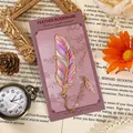 Elegant creative pink and golden metal feather bookmark with chain on vintage paper background - Twilight Star Feather / 1 Piece