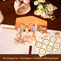 Cute orange cat cartoon stationery set with 4 envelopes and 120g thick writing paper. - Orange Cat + Stickers (W105-09)