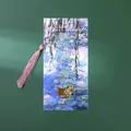 Vintage gold-plated metal bookmark with Monet water lily oil painting design and pink tassel - Water Lilies B