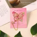 Pink butterfly metal bookmark with cherry blossom details on a decorative pink card - Butterfly and Cherry Blossom / 1 Piece / Pink Cherry Blossom