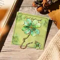 Inspirational four-leaf clover metal bookmark with gold chain and pendant on card - Emerald Green Clover
