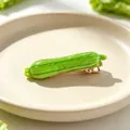 Close-up of realistic green zucchini vegetable hair clip on a beige ceramic plate - Pickle