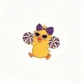 Detailed view of a cute cheerleader duck enamel pin with purple bow and sunglasses. - Come On Duck / Purple