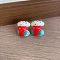 Pair of cute red Christmas stocking cartoon earrings with white fluffy top and teal accents - Christmas Stocking (YJ89651) / Clip-On Earrings