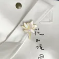 Elegant Chinese style lotus flower enamel brooch pin on a white canvas bag accessory - Lotus Pond Moonlight