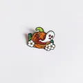 Detailed close-up of a cute Halloween enamel pin featuring a pumpkin and ghost - Ghost Hiding Behind Pumpkin (YJ007)