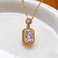 Elegant gold necklace with emerald-cut clear crystal pendant for women - Gold-White Gemstone Necklace