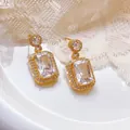 Elegant gold plated drop earrings with rectangle sparkling clear crystals for women - Gold-White Gemstone Earrings