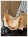 Elegant New Chinese style cream white handbag with decorative wood beads and tassel charm - Gold Jacquard Style / Yellow