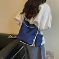Minimalist navy blue canvas tote bag with white contrast piping and matching small pouch - Color Block Bag Set / Dark Blue