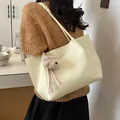 Minimalist cream-colored large capacity tote bag for women with cute bear charm - Yellow With Pendant