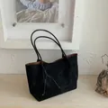 Retro black suede tote bag with long shoulder straps for women commuter stylish look - Black