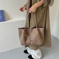 Vintage brown suede tote bag for women featuring a minimalist large capacity design - Khaki