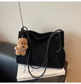Stylish black suede tote bag featuring a cute bear charm and thin shoulder straps - With Pendant / Black