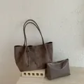 Retro brown suede tote bag set with matching inner pouch for women - Gray