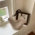 Elegant beige laser-cut hollow tote bag with dark wooden bead handle for summer outfits - Tote Bag Style (YL1205) / Khaki