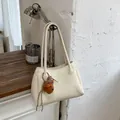 Vintage cream faux leather tote bag with cute bear charm for daily commute and work - With Pendant / White