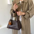 Retro dark brown faux leather tote bag for women with cute plush bear charm detail - With Pendant / Coffee