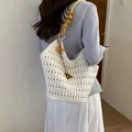 Chic white hollow laser-cut tote bag featuring aesthetic wooden bead shoulder strap - Tote Bag Style With Ornament (YL1205) / White