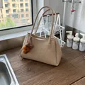 Vintage Maillard beige faux leather tote bag with cute teddy bear charm for women - With Pendant / Khaki