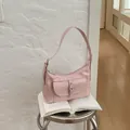 Trendy pink faux leather underarm shoulder bag with buckle pocket detail for women. - 22*10*14cm / Pink