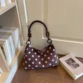 Vintage brown polka dot shoulder bag with stylish wooden bead strap for daily commute - Coffee