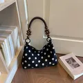Vintage black polka dot shoulder bag with stylish wooden bead handle for women - Black