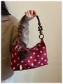 Vintage burgundy polka dot shoulder bag with stylish wooden bead strap and pom-pom charm - Red with Charm