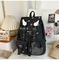 Vintage black denim backpack for women with white stars wing decorations and clear pocket - Black
