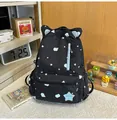 Black backpack featuring star and apple patterns with cute cat ears for school - Black