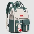 Large capacity nylon women's backpack in dark green and beige with multiple pockets - Dark Green