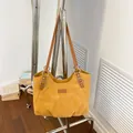 Vintage mustard yellow suede tote bag with brown leather straps - No Pendant / Brown