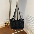 Bolso tote vintage de ante negro de gran capacidad con hebillas plateadas - Sin colgante / Negro