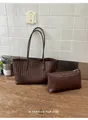 Grande borsa tote intrecciata marrone caffè con pochette abbinata stile vintage - Borsa madre e figlia / Caffè