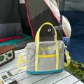 Lightweight grey grid pattern tote bag with vibrant yellow straps for outdoor camping. - L / Light Gray