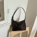 Dark brown woven leather underarm shoulder bag with minimalist design for women - Coffee