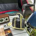 Casual grid pattern women's handbag with yellow straps shown in outdoor camping - S / Dark Gray