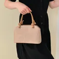 Sac à main beige élégant texture lin avec poignées en cuir marron noué - Sans pendentif / Kaki