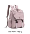 Seitenprofil eines mauvefarbenen Outdoor-Rucksacks mit Multi-Taschen-Design und Schnallenriemen - Gummipink