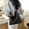 Premium large black woven shoulder bag featuring a decorative floral charm for women - With Flower Pendant / Large (33x13x29cm) / Black
