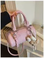 Chic pink tweed barrel handbag with cute teddy bear charm for women's summer fashion - With Charm / Pink