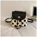 Stylish lightweight black and white polka dot backpack for women with black leather flap - Without Charm Style / Off White