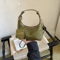 Fashionable olive green woven hobo shoulder bag for women with a matching mini charm pouch - Green